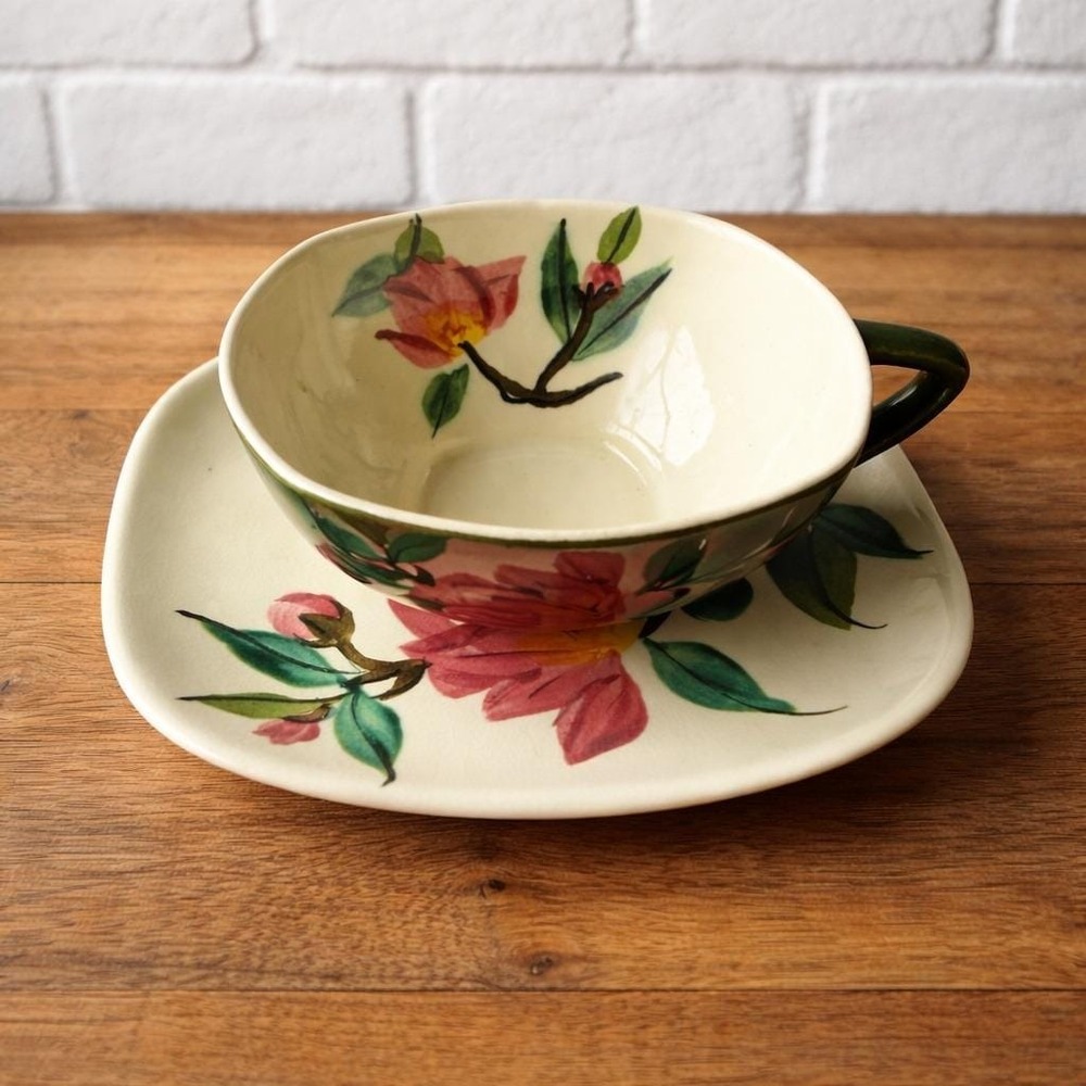 Red Wing Pottery Blossom Time Cup Saucer Hand Painted Floral Cottagecore Vintage